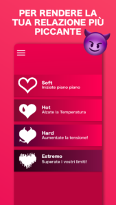Screenshot dell’applicazione gioco di sesso per coppie dei livelli soft, hot, hard, estremo
